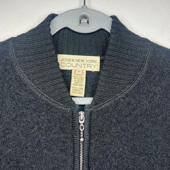 Vintage Black Boucle Wool Bomber Jacket Full Zip Womens Small Pockets Streetwear - Picture 3 of 11